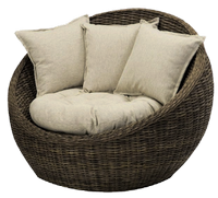 a wicker chair with cushions 